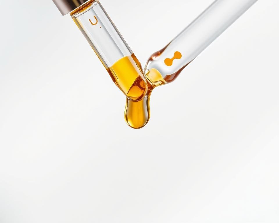 Close-up of a dropper with vitamin C serum being applied to skin