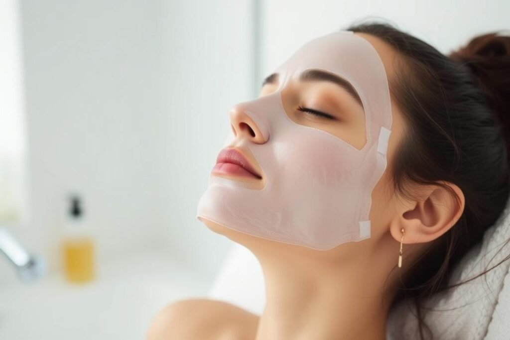 Woman relaxing with a hydrating sheet mask on her face