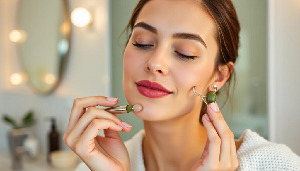 Woman using jade roller on her face during skincare routine