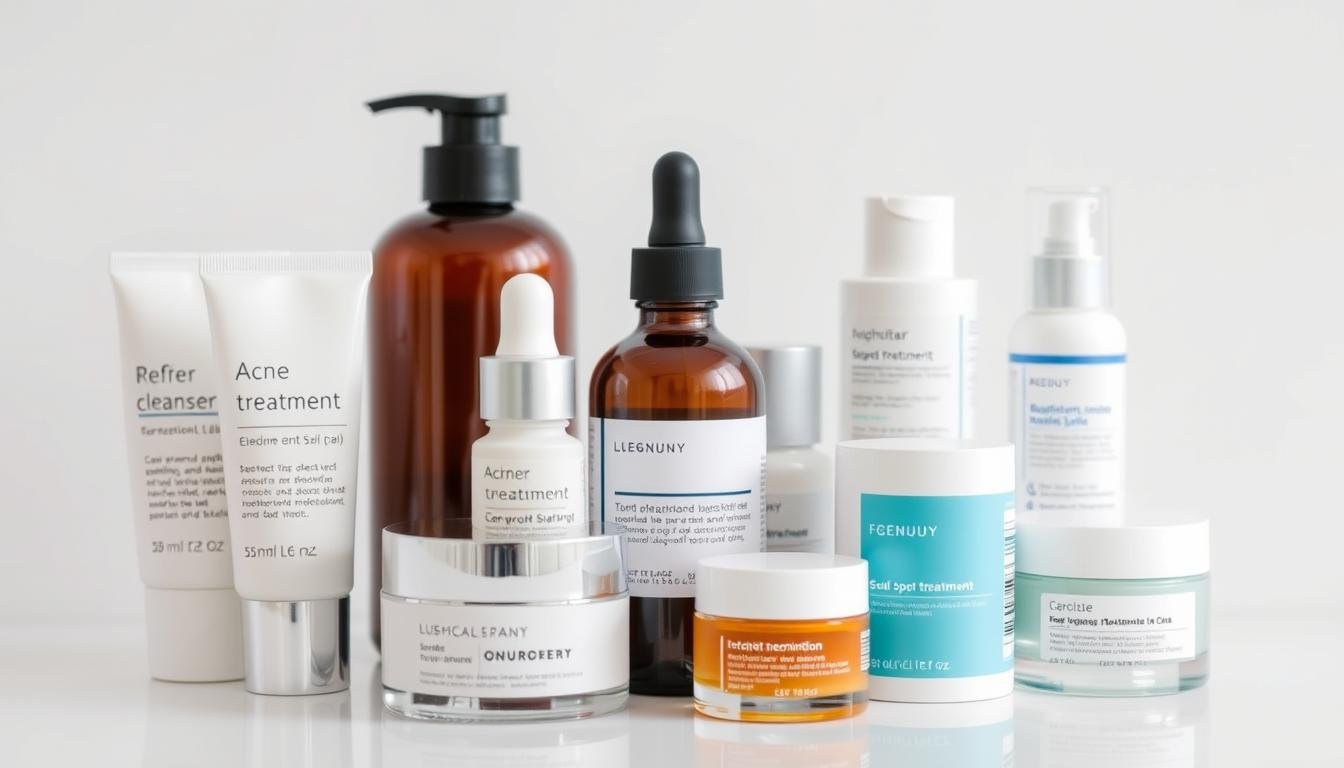 Close-up of various best acne treatments including cleansers, spot treatments, and moisturizers arranged on a clean surface