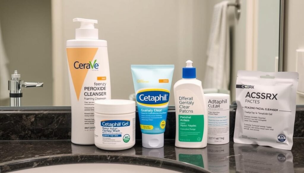 Collection of the best acne treatments available on Amazon arranged on a bathroom counter Collection of the best acne treatments available on Amazon arranged on a bathroom counter