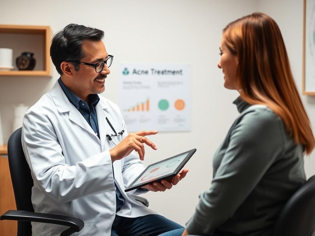 Dermatologist consulting with patient about acne treatment options Dermatologist consulting with patient about acne treatment options