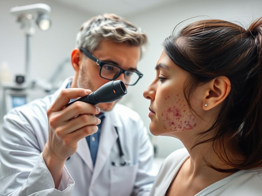 Dermatologist examining patient with severe acne requiring professional treatment Dermatologist examining patient with severe acne requiring professional treatment