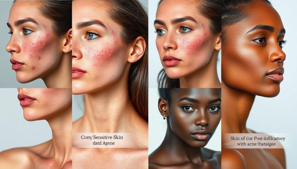 Different skin types showing various acne patterns and best treatment approaches Different skin types showing various acne patterns and best treatment approaches