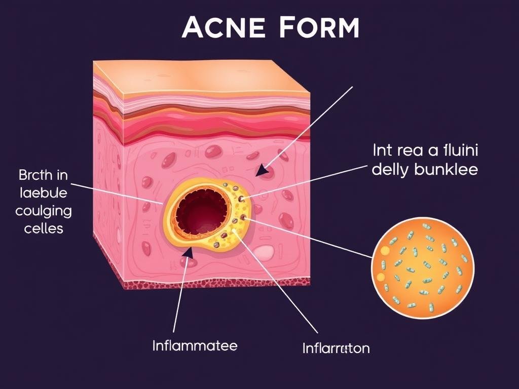 Illustration showing how acne forms in skin pores with excess oil and bacteria Illustration showing how acne forms in skin pores with excess oil and bacteria