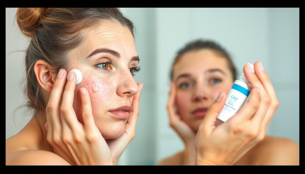 Person applying acne treatment product to face in bathroom mirror Person applying acne treatment product to face in bathroom mirror