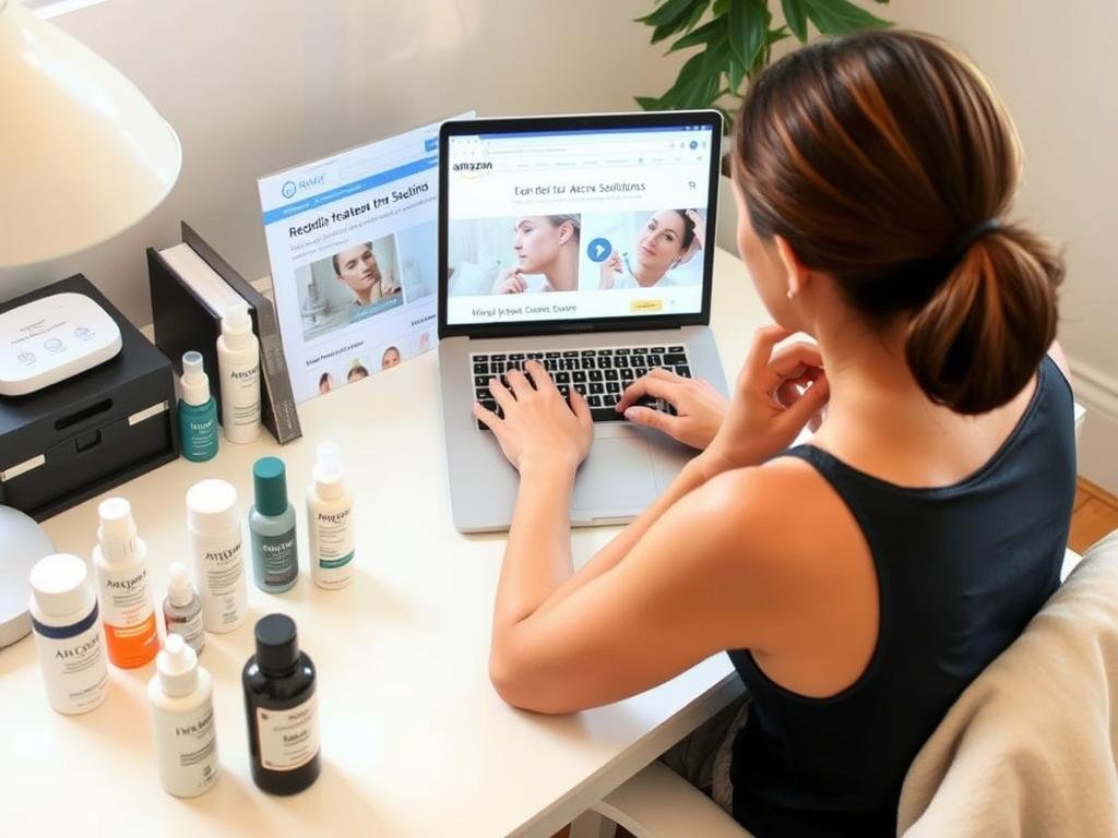 Person researching best acne treatments on laptop with skincare products nearby Person researching best acne treatments on laptop with skincare products nearby